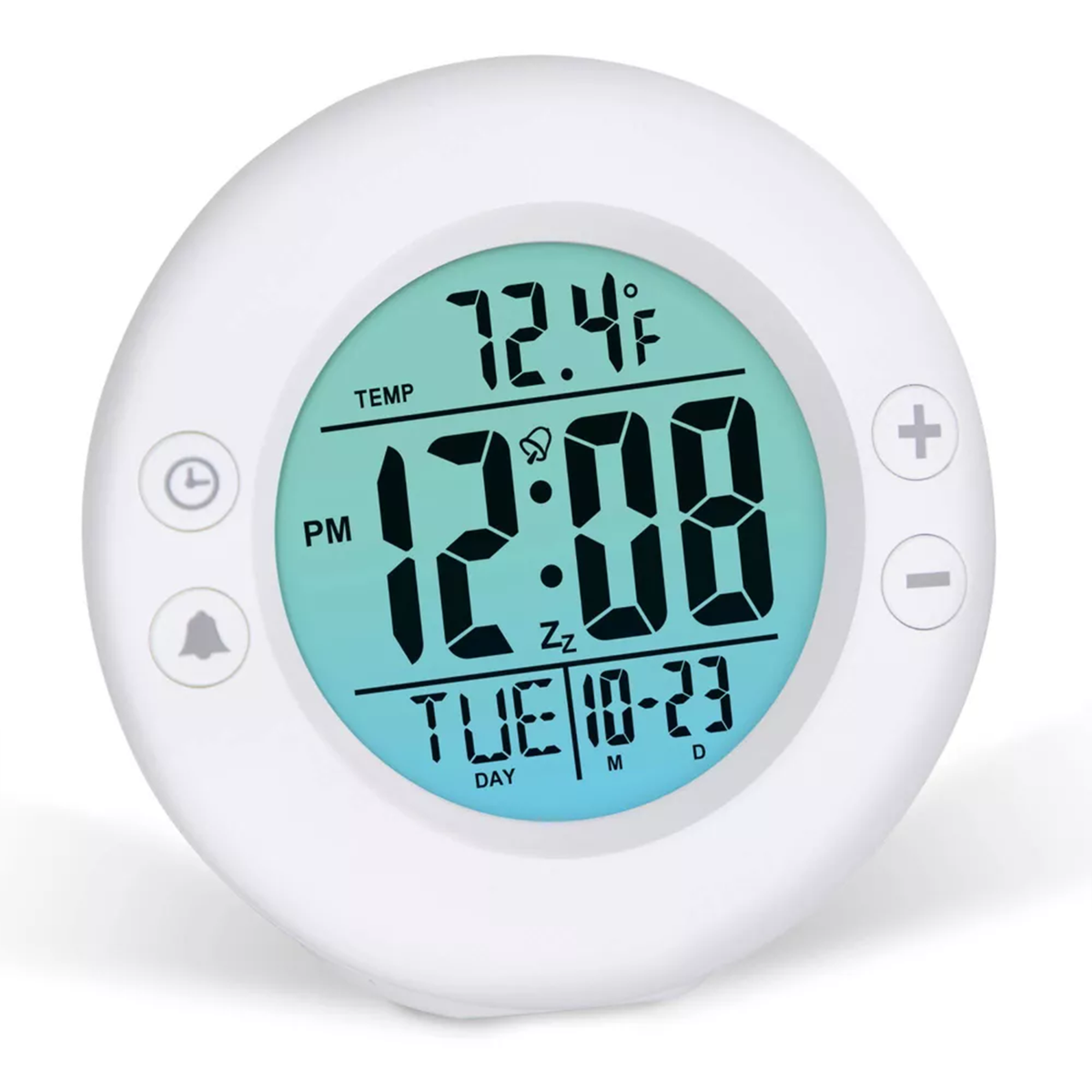 Round Multifunctional Digital Alarm Clock, Backlit Lcd Timer With Temperature And Date Readout